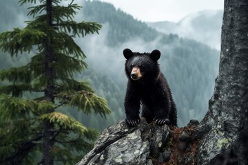 A black bear cub climbing a pine tree, surrounded by misty mountains