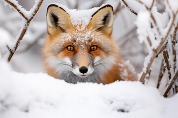 Fototapeta premium A fox in a snowy landscape, peeking out from behind a frost-covered log