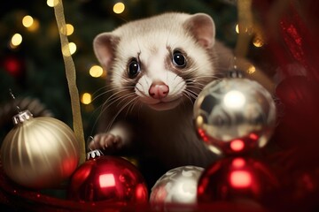 Fototapeta na wymiar A ferret stealing a shiny Christmas ornament and running through holiday decor