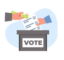 corruption votes concept. crime political cash buying votes, presidential container, justice democracy referendum balloting presidential choice. vector cartoon concept illustration.