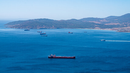 Cargo ships in the Bay of Gibraltar.