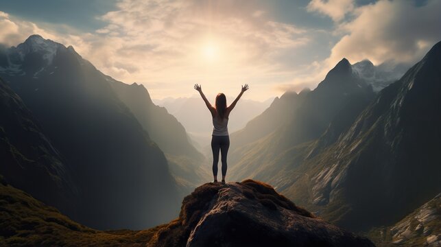  A Person Standing On Top Of A Mountain With Their Arms In The Air.  Generative Ai