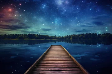 Poster An old wooden pier stretching into a calm lake under a starry sky © Dan