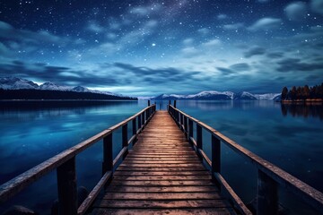 Fototapeta premium An old wooden pier stretching into a calm lake under a starry sky