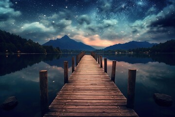 An old wooden pier stretching into a calm lake under a starry sky