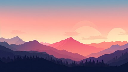  a landscape of mountains and trees with a sunset in the background.  generative ai