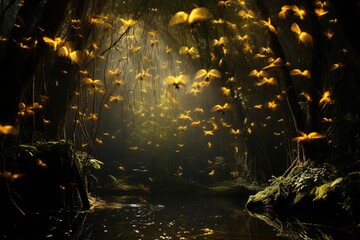 Naklejka premium A swarm of fireflies illuminating a dark forest, captured in long exposure