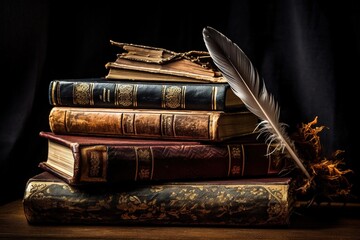 A stack of vintage leather-bound books beside a quill and inkwell