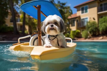 A Shih Tzu in a toy sailboat, sailing in a backyard pool