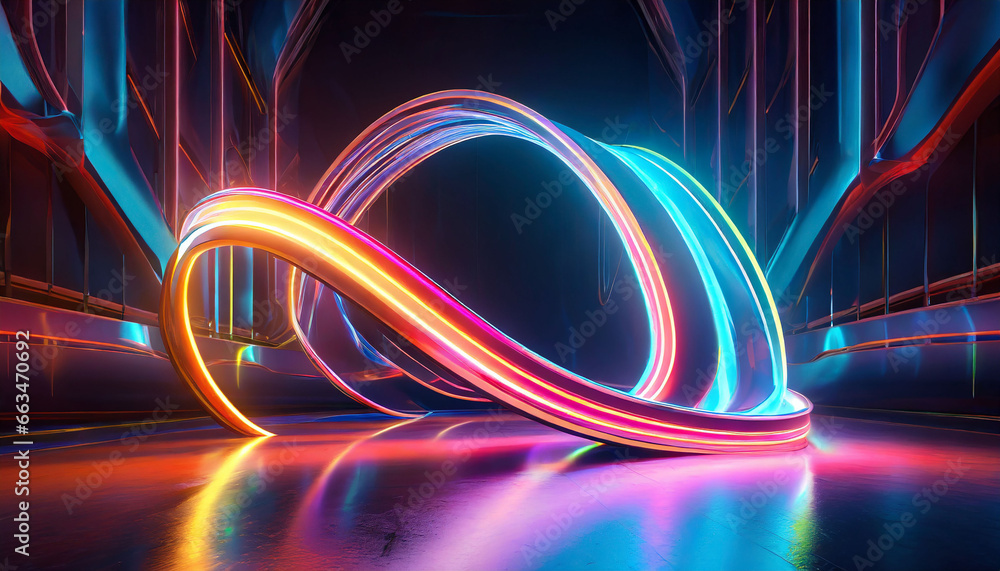 Wall mural d render. Abstract neon background. Fluorescent ines glowing in the dark room with floor reflection. Virtual dynamic ribbon. Fantastic panoramic wallpaper. Energy concept