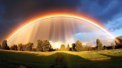  a rainbow appears over a green field with trees and grass.  generative ai