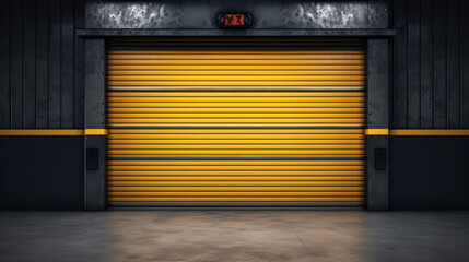 A closeup shot of yellow automatic metal roller door used in factory, storage, garage, and...