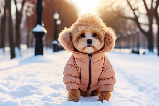 Cute pet little dog in warm clothes walks in winter city park