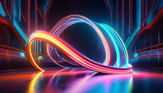 d render. Abstract neon background. Fluorescent ines glowing in the dark room with floor reflection. Virtual dynamic ribbon. Fantastic panoramic wallpaper. Energy concept