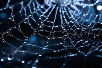 Close-up of a dew-covered spiderweb illuminated by moonlight