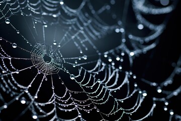 Close-up of a dew-covered spiderweb illuminated by moonlight
