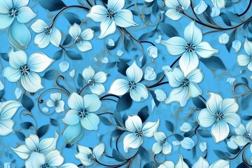 Continuous light blue pattern adorned with imaginary blossoms. Generative AI