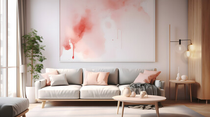 Grey sofa with pink pillows and blanket against white wall with abstract art poster. Interior design of modern living room. Created with generative