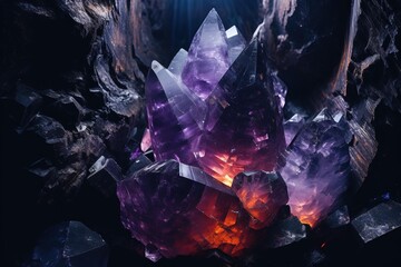 Close-up of crystal geode illuminating a dark cave - obrazy, fototapety, plakaty