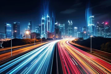 Foto op Plexiglas City skyline at night with light trails from speeding cars on a highway © Dan
