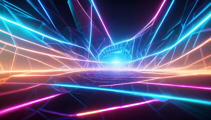 d render. Abstract background of glowing neon lines. Virtual reality space. Modern geometric wallpaper