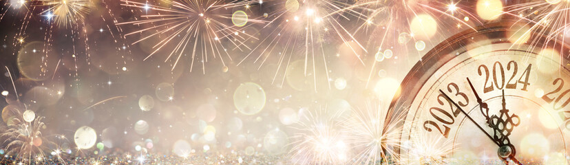 2024 Happy New Year - Clock And Fireworks Waiting Midnight - Abstract Defocused Background - obrazy, fototapety, plakaty