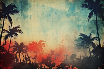 Grunge wallpaper with shadowed silhouettes of tropical leaves - obrazy, fototapety, plakaty