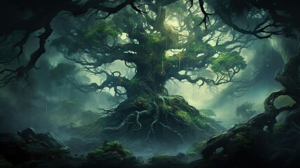  a painting of a tree in the middle of a forest.  generative ai