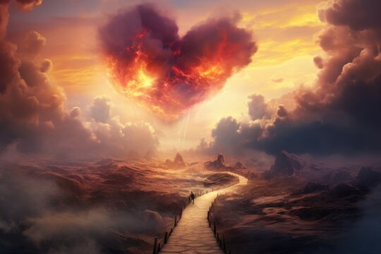 A scenic path leading to a heart-shaped cloud in a beautiful painting