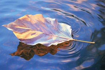 Iridescent leaf floating on a still pond with reflections of the sky