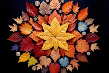 Intricate mandala design made from colorful autumn leaves