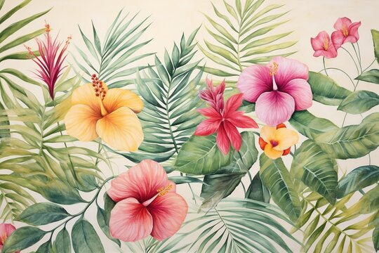 Hand-painted watercolor tropical flora on textured canvas as wallpaper