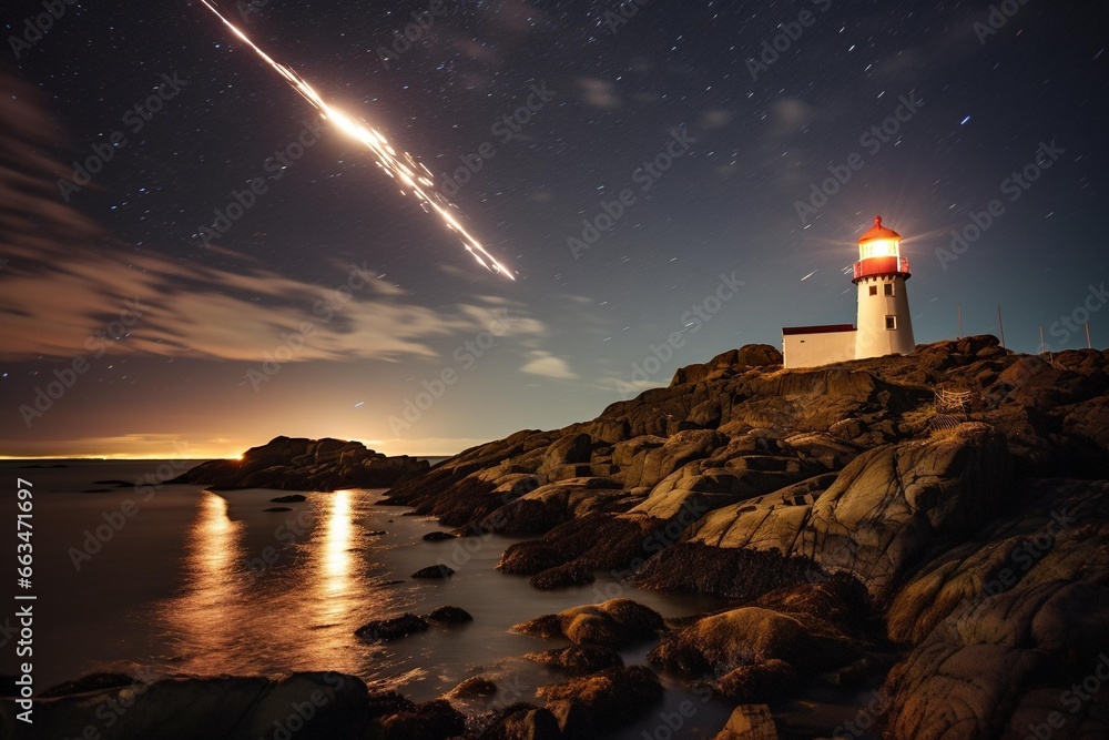 Poster meteor shower captured over an isolated lighthouse