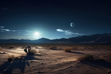 Moonlit desert landscape with a lone cactus casting long shadows