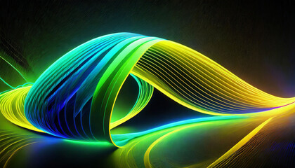 d rendering, abstract geometric wallpaper of colorful neon ribbon, yellow green blue glowing lines isolated on black background