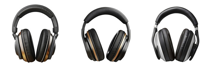Fototapeta na wymiar Set of black headphones, headset for music, isolated on a transparent background. PNG, cutout, or clipping path.