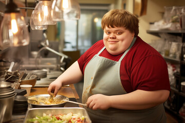 Young handsome worker with down syndrome working in in the kitchen. Social inclusion and integration