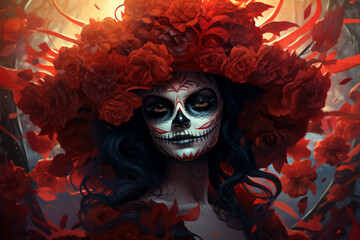 Fototapeta na wymiar attractive young woman with sugar skull makeup Hispanic children celebrating Dia de los Muertos dia de los muertos of calavera catrina