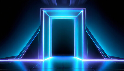 d render, abstract minimalist blue geometric background. Bright neon light. Doorway portal glowing in the dark