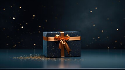 A beautifully wrapped blue gift box with a shiny gold bow