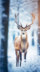 Naklejka na ściany i meble Christmas greeting card with beautiful deer in magical snowy forest, vertical format