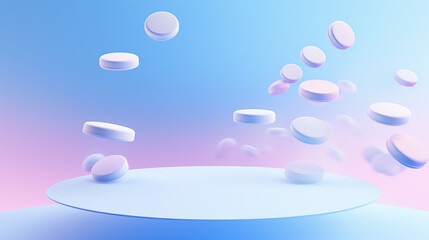 Round tablets float in the air in free fall on a blue gradient background. Levitation of medicines. Flying pills. Copy space.