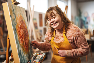 Young attractive woman artist with down syndrome painting. Social inclusion and integration - obrazy, fototapety, plakaty
