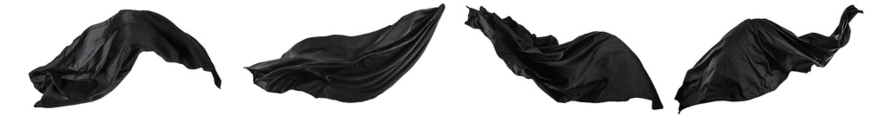 Collection of black silk cloths, flying, isolated on a transparent background. PNG cutout or clipping path.