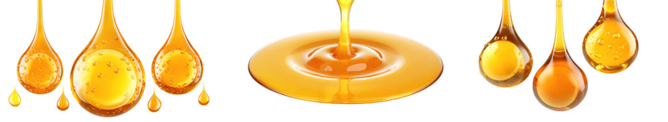 Collection of melting honey drops, ripple and pouring, isolated on a transparent background. PNG cutout or clipping path.
