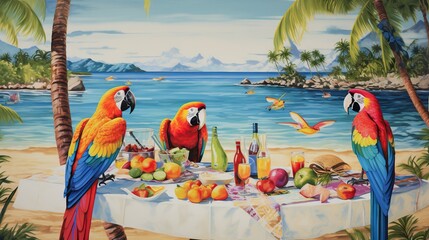  a painting of two parrots sitting at a table with fruit and wine.  generative ai