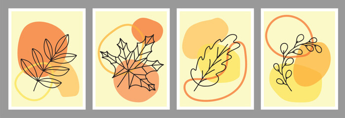 Abstract autumn posters. Modern minimalistic organic shapes with autumn leaves, graphic vector illustration