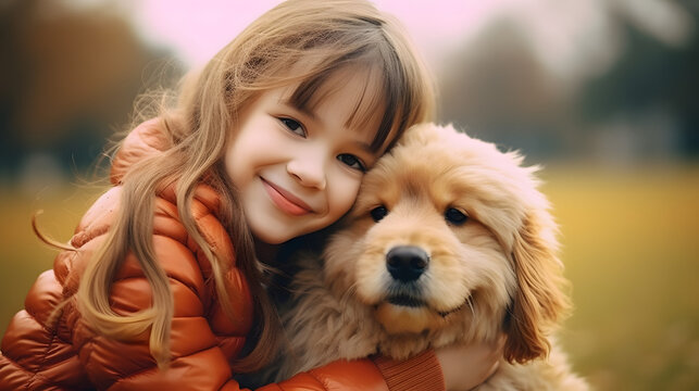Happy girl smiling hugging dog