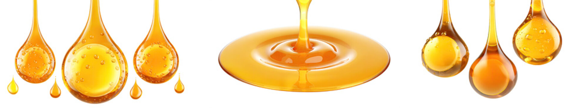 Collection of melting honey drops, ripple and pouring, isolated on a transparent background. PNG cutout or clipping path.