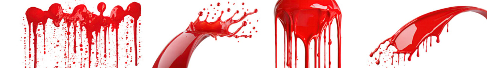 Collection of red paint splashes with drops, splash or spray. Ink, ketchup, blood or oil droplets, red and reflective. Top and sideview ketchup. - obrazy, fototapety, plakaty